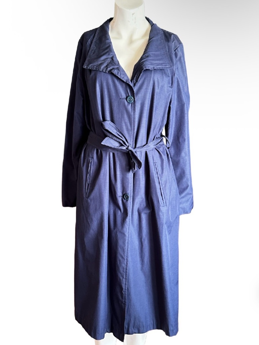 Vintage “AQUA TERRA” branded Navy Blue Trench coat with tie and button closure